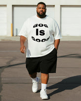 Big & Tall Men's Black And White God Is Good Deformed Letter Printed Round Neck Short Sleeve T-shirt Shorts Suit